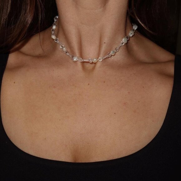 Freshwater Pearl And White Clear Crystal Necklace - Picture 1 of 2